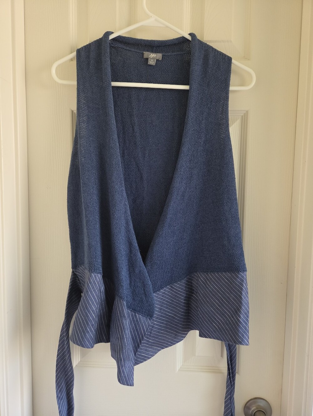 J.Jill Linen Blend Wrap Sweater Vest Small Blue Pinstripe Peplum Tied Waist Open - Picture 8 of 10